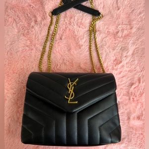 YSL Black Quilted Bag with Gold Chain and Gold Embellishments